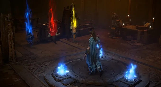 Diablo 4 Season 15 character on a waypoint in front of the three evil splinters