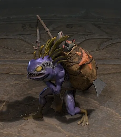 Purple murloc pet in Diablo 4, carrying a fishing bag on his back.
