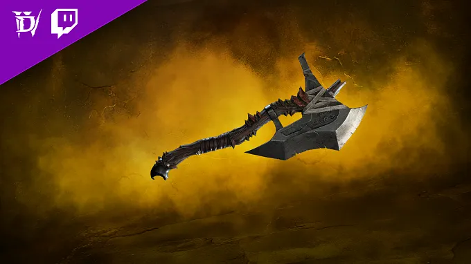 The Corroded Cleaver axe, a Diablo 4 BlizzCon Twitch Drop, against a glowing gold background.