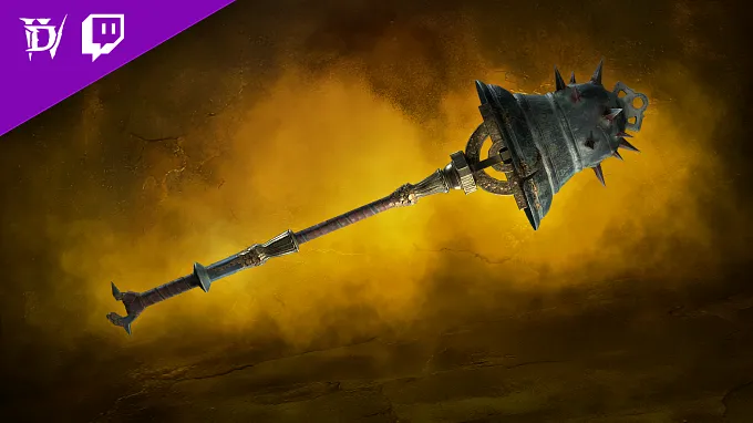 The Tintinnabulation two-handed mace, a Diablo 4 BlizzCon Twitch Drop, against a glowing gold background.