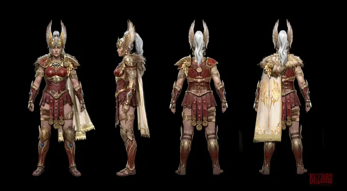 Diablo 4 Amazon character model in front, side and back views, wearing red and gold armor, a winged golden helmet, a fur collar and a long white cape