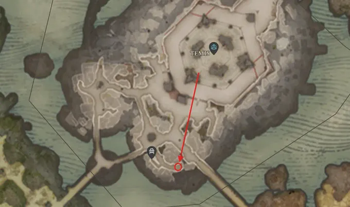 Diablo 4 map indicating the location for the bed you need to interract with, in Temis, near the bridge
