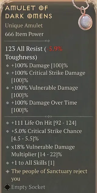 Diablo 4 Tooltip of the Amulet of Dark Omens showing the item