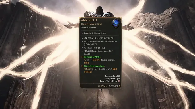 Diablo 4 Tyreal holding an Annihilus Seal while raising into the air with his wings deployed