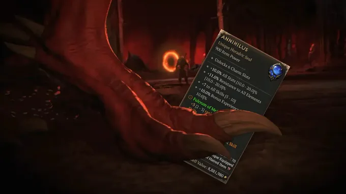 Diablo 4 Annihilus seal tooltip showing All Stats, All Resistances, +7 to All Skills, and 6 Charm Slots, held in Diablo's claw