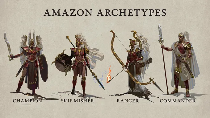 Diablo 4 Amazon archetypes concept art: Champion, Skirmisher, Ranger, and Commander, each shown with their signature weapon.