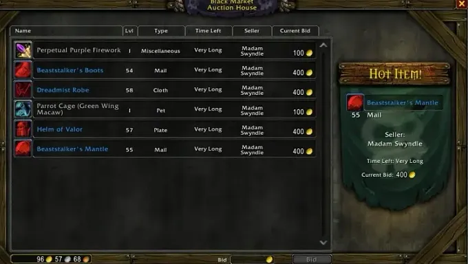 WoW Forever Black Market Auction House showing Madam Swyndle's items