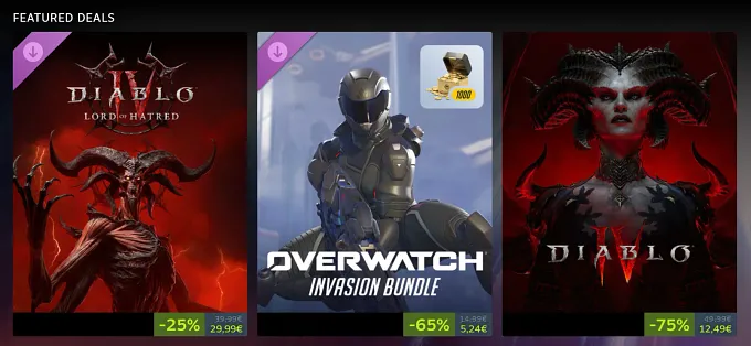 Steam deals showing Lord of Hatred at 25% off, the Overwatch Invasion Bundle at 65% off, and Diablo 4 at 75% off.