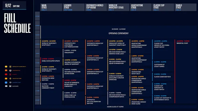 BlizzCon Schedule planner for September 12 with all the different panels and timers