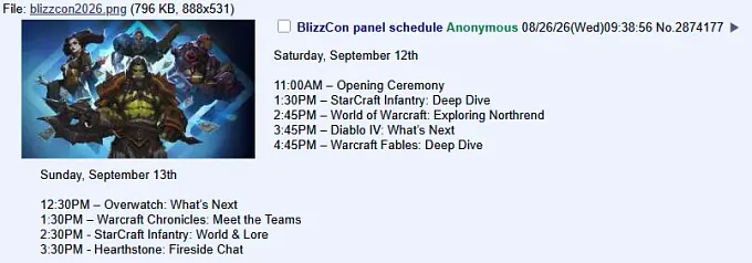 BlizzCOn Panel Schedule Leak showing both Saturday and Sunday with times and events for the convention