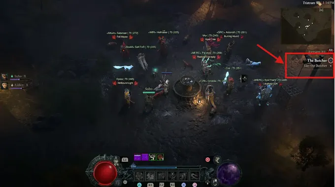 Diablo 4 Old Tristram near the fountain, showing the Butcher quest after you talked to all the NPC