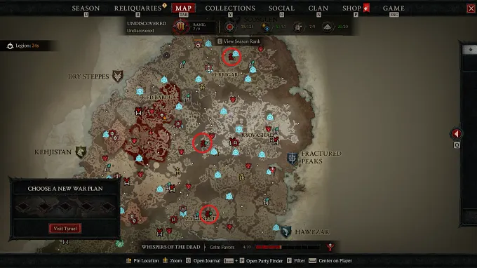 Diablo 4 Map of the world with circled all three Prime Evil capstone dungeons