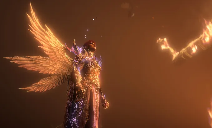 Winged angelic figure with red hair and glowing gold armor standing before a massive fiery, clawed arm in a smoky orange battlefield.