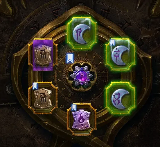 Diablo 4 Charm menu showing how to slot Hellfire and two other Unique charms + the rest of the set charms needed