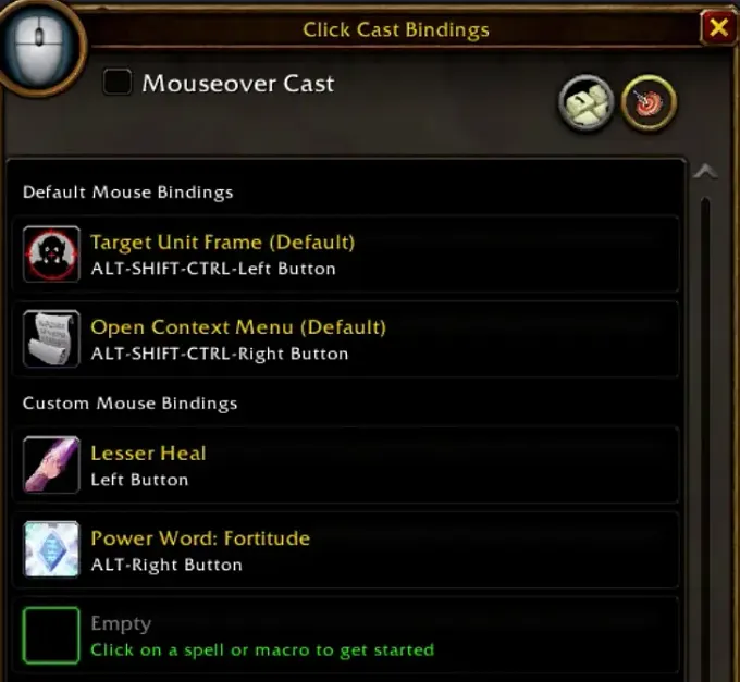WoW Forever Click Cast Bindings menu showing the different binding you can set up and spells available