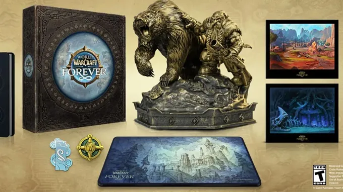 WoW Forever Collector Edition showing the figurine in the middle, collector's box, mouse pad, and other items