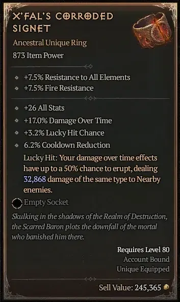 X'Fal's Corroded Signet Unique item example. The image shows the in-game tooltip of the ring, with affix ranges and its unique power.