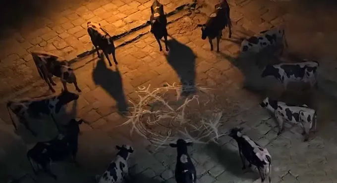 Diablo 4 cow standing in a circle around a ritual site inside the cellar leading to the Secret Cow Level