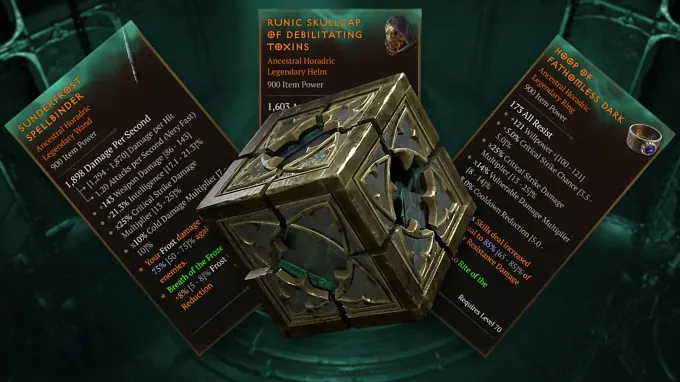 Diablo 4 Horadric Cube and 3 new Ancestral Horadric items behind it