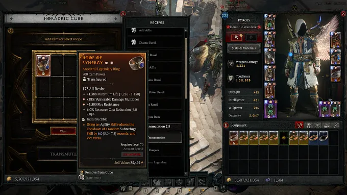 Diablo 4 Horadric Cube with the Transfiguration recipe