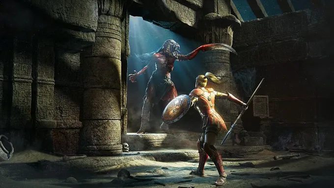 Diablo 2 Resurrected Amazon in red and gold armor with a shield and javelin, facing a towering mummified snake demon in a ruined temple