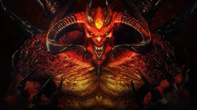 Official Diablo 2 Resurrected render of Diablo, the red horned Prime Evil with a glowing forehead gem, facing the camera in close-up.