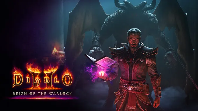 Key art for Diablo 2 Resurrected: Reign of the Warlock, showing the Warlock class holding a glowing spellbook before a looming demon.