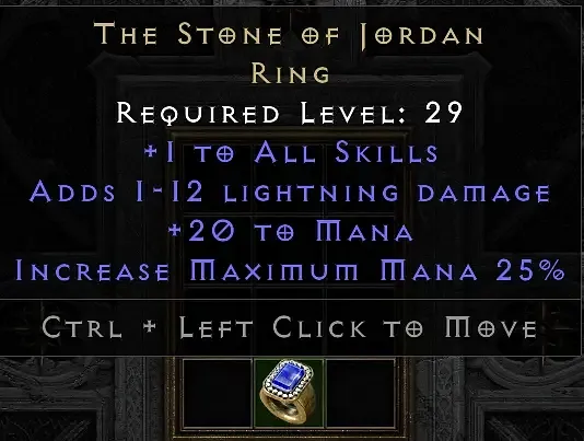 Diablo 2 Stone of Jordan example with +Ranks to all skills and increased Mana