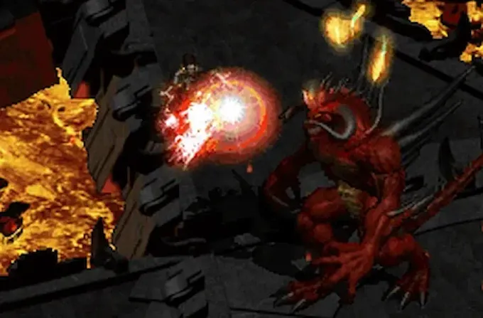 Diablo 2 Über Diablo in game attacking, with a glowing red ball appearing in front of Über Diablo, standing on a platform above Lava.