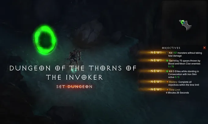 Diablo 3 Set Dungeon entry for the Thorns of the Invoker, showing the green portal and the objectives list with Mastery and time limit on the right.