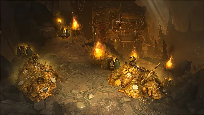 The Vault of Greed treasure realm in Diablo 3, a cavern filled with glowing gold piles, coins, and treasure lit by braziers.
