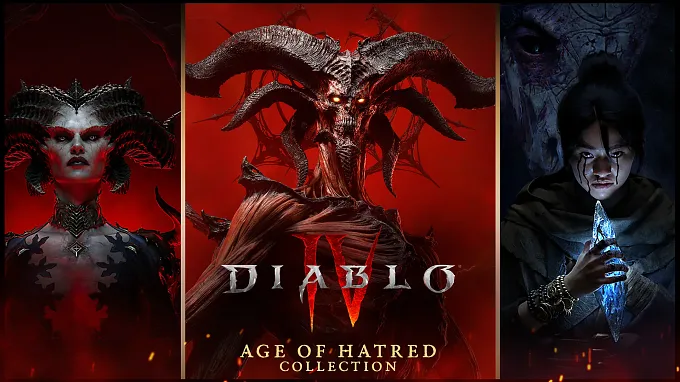Diablo IV: Age of Hatred Collection key art. Mephisto looms in the center above the game logo, with Lilith on the left and Neyrelle holding a glowing blue shard on the right, all against a dark red background.