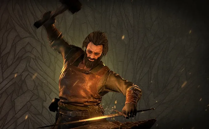 Diablo 4 Blacksmith doing his work, blacksmithing items on his anvil with his hammer