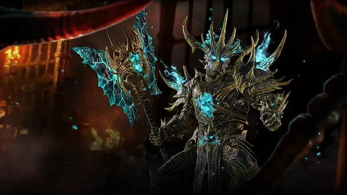 Diablo 4 Barbarian cosmetic with siny flames, a huge armor with spikes, and a massive axe in his hands, with burning flames in the background