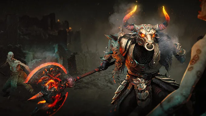 A Diablo 4 Barbarian in an ornate bull-themed armor set, wearing a horned bull helm with glowing eyes and wielding a large fiery axe, in a dark rain-soaked ruined setting.