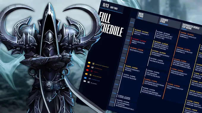 Malthael from Diablo stands beside the BlizzCon 2026 Day Two schedule, which lists the Diablo Developer Update among the panels.