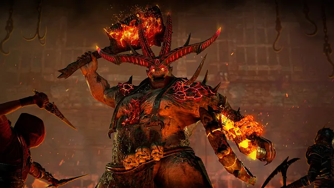 Diablo 4 The Butcher burning in the middle fighting players on the side