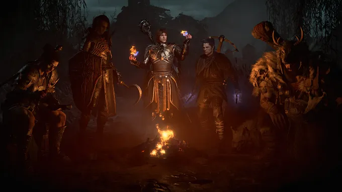 Diablo 4's old campfire screen with the 5 base classes: Rogue, Necromancer, Sorcerer, Barbarian, Druid