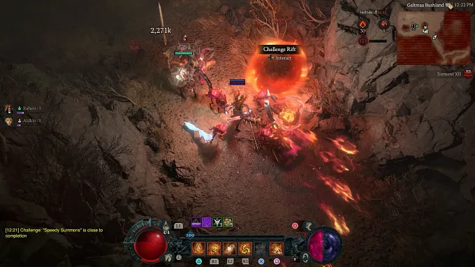 Image of Diablo 4 Season 15 Challenge Rifts portal opening during gameplay. A Warlock character class is staying close to the portal, ready to enter the firey red gateway.