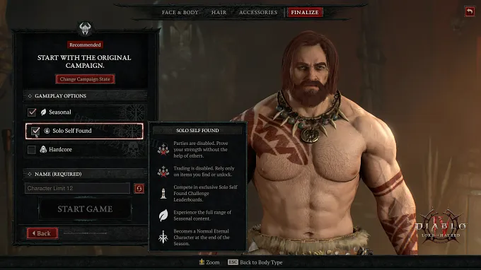 The Diablo 4 character creation Finalize screen with the Solo Self-Found option selected, its tooltip listing disabled parties and trading, exclusive leaderboards, and conversion to an Eternal character at season end.
