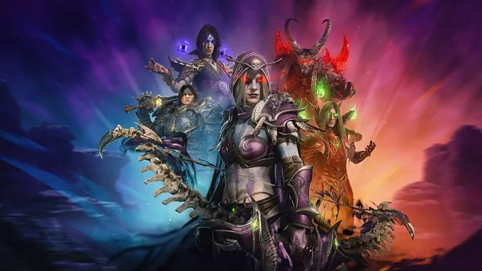 Diablo 4 classes with Rogue in the center and a WoW cosmetic and the other classes behind with different WoW cosmetics as well