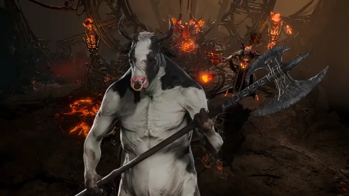 Diablo 4 Seaosn 1( Cow King in the middle of fire holding an axe
