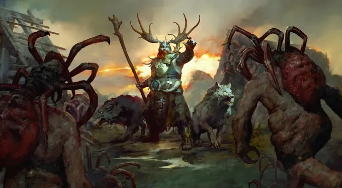 A Diablo 4 Druid standing in the middle with his two wolves fighting against two spider-like enemies