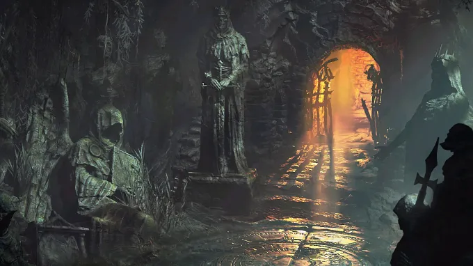 Diablo 4 artwork of a dark, overgrown crypt with moss-covered stone statues and a glowing orange archway at the end of the corridor