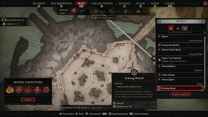 Diablo 4 map showing the location of Echoing Hatred entrance in Temis, Skovos
