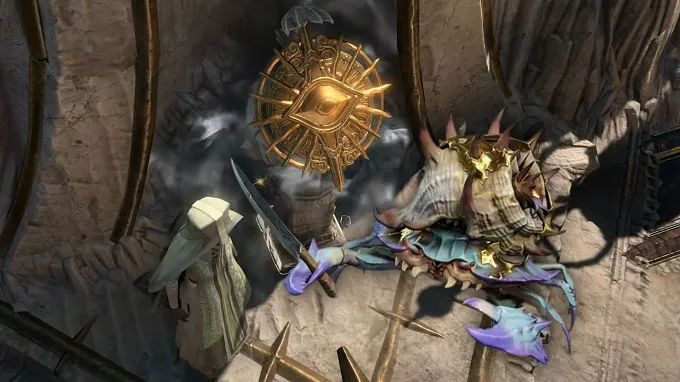 Diablo 4 Echoing Hatred entrance with the NPC being threatened by a crab with a knife