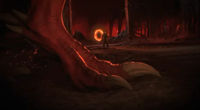 Diablo 4 Season 15 Diablo's foot, prepareing to attack the wanderer who just past the portal