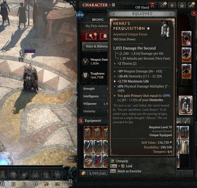 The Henri's Perquisition tooltip from the Diablo 4 Season 15 PTR, showing its Dexterity-scaling power and the cat-in-a-focus artwork.