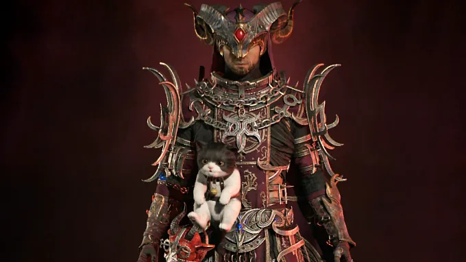 A Diablo 4 character wearing Henri's Perquisition, the focus holding a black-and-white cat, worn at the waist.