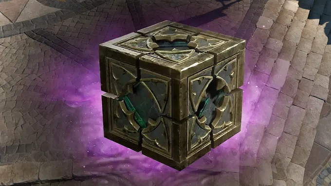 The Horadric Cube, a glowing golden artifact covered in ornate carvings and cracked green crystal panels, floats above a purple magical glow on a stone-tiled floor in Diablo 4.